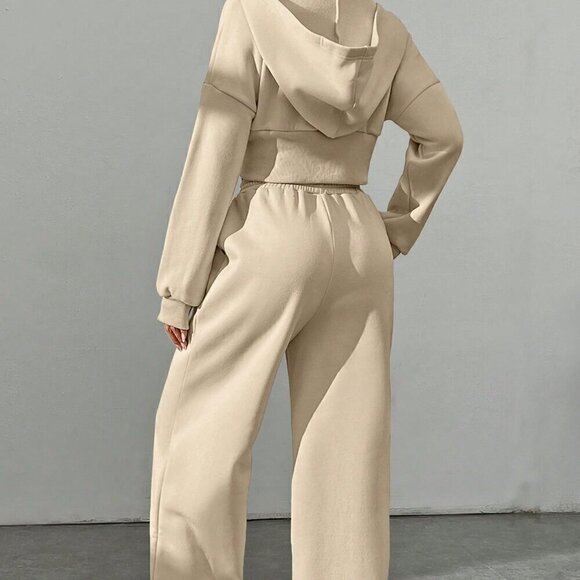 Khaki Casual Women's Zipper Front Hoodie And Pants Two Piece Set - Picture 4 of 7